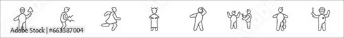 outline set of people line icons. linear vector icons such as traffic police, stoh ache, girl running, japanese geisha, person listening, police arresting man, vertical, policeman standing up