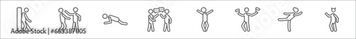 outline set of people line icons. linear vector icons such as man leaning against the wall, slap, person practicing a strengthen posture, chat balloon, crucified pose, flag semaphore language,