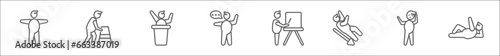 outline set of people line icons. linear vector icons such as standing frontal man, rehabilitation, classes, monologue, school teacher, slide down, pierrot, iying down