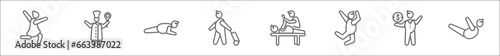 outline set of people line icons. linear vector icons such as girl dancing, chief, push ups, elegant man with suitcase, chiropractic, happy man jumping, businessman with dollar money, locust