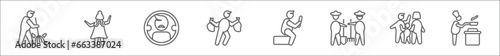 outline set of people line icons. linear vector icons such as landkeeper, festa junina, masculine avatar, steal, man sitting and reading book, farmers, family board games, chef cooking