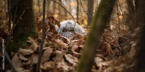 Yeti peeks out from around leaves in forest , concept of Forest creature
