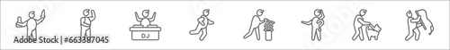 outline set of people skills line icons. linear vector icons such as calligraphist, body building, dj, runner, carpenter, doubt, dog breeder, fisher