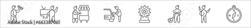 outline set of people skills line icons. linear vector icons such as barber, tv correspondent, seller, chauffer, award, knitting, process, big compass