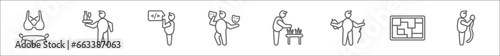 outline set of people skills line icons. linear vector icons such as lady swimwear, bartender, programmer, actor, gardener, seamstrees, maze, journalist
