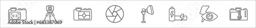 outline set of photography line icons. linear vector icons such as aspect, tr, metering, exposure, spotlight, carging, red eye, temperatures