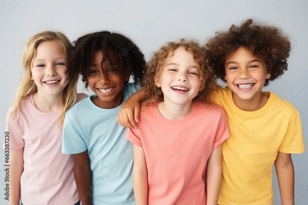 Happy smiling children of different culture and race wearing colorful t-shirts on a plain gray background. Concept of cheerful friends, happy childhood
Happy smiling children of different culture and race wearing colorful t-shirts on a plain gray background. Concept of cheerful friends, happy childhood