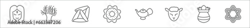 outline set of religion line icons. linear vector icons such as bindi, tree of life, hamantaschen, jewish bagels, genie lamp, lamb of god, kalasha, star david