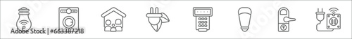 outline set of smart home line icons. linear vector icons such as smart lamp, washer hine, household, zero emission, security code, lightbulb, locking, smart switch
