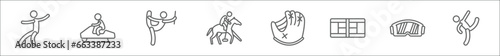outline set of sport line icons. linear vector icons such as kung fu, snowmobile sport, baton twirling, polo sport, baseball glove, tennis court, goggles, kickboxing