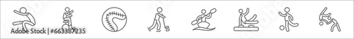 outline set of sport line icons. linear vector icons such as aerobics, unicycling hockey, softball, rinkball, canoe sport, artistic gymnastics, kickball, judo