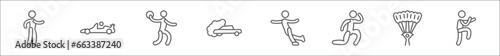 outline set of sport line icons. linear vector icons such as racewalking, formula racing, dodgeball, drifting, figure skating, bodybuilding, paragliding, aikido