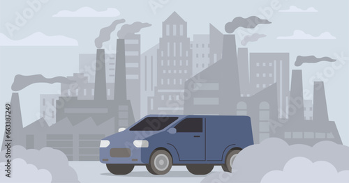 Truck air pollution.Road smog.Industrial carbon dioxide cloud. Polluted air environment at city.Atmospheric pollution.Bad urban environment.Contamination problem.Vector flat illustration.