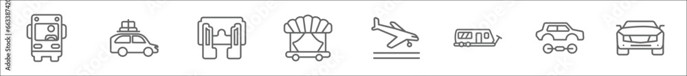 outline set of transport line icons. linear vector icons such as driving, car with luggage, fuse, theater on wheels, arriving airplane, road caravan, car wit chassis, front car - obrazy, fototapety, plakaty 