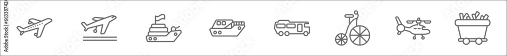outline set of transport line icons. linear vector icons such as inclined plane, plane taking off, battleship, large boat, buses, old bicycle, army helicopter, minerals