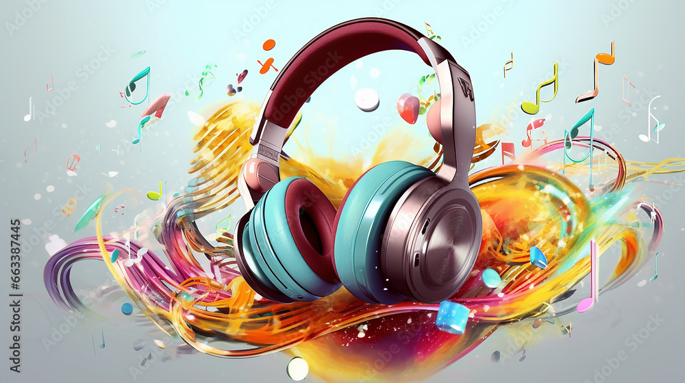 large headphones on a white background and around the symbols of notes, abstract musical background.