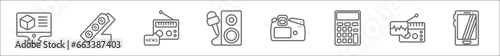 outline set of technology line icons. linear vector icons such as 3d printing software, tee power, radio journalism, entertainer, reflex photo camera, calculation, radio and messages, screen blank