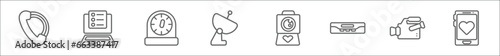 outline set of technology line icons. linear vector icons such as international call, customs, kitchen timer, dish, camera and heart picture, reciever, video camera side view, heart in a screen