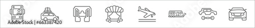 outline set of transport line icons. linear vector icons such as driving, car with luggage, fuse, theater on wheels, arriving airplane, road caravan, car wit chassis, front car