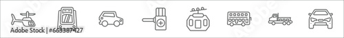 outline set of transport aytan line icons. linear vector icons such as helicopter profile, light rail, compact car, ticket booth with cross, gondola, double decker bus, flatbed lorry, car frontal