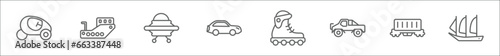 outline set of transportation line icons. linear vector icons such as eco-friendly transport, pt boat, unidentified flying object, sedan, inline skates, off road, wagon, schooner