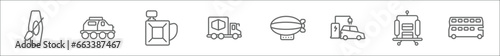 outline set of transport line icons. linear vector icons such as canoe with row, terrain vehicle, gas can, deliver, zeppelins, car charging, suitcase cart, london