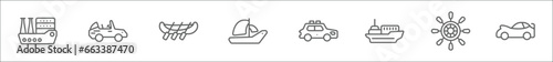 outline set of transport aytan line icons. linear vector icons such as cruiser, cabriolet, rowing, catamaran, patrol car, icebreaker ship, ship helm, sports car