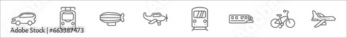 outline set of transportation line icons. linear vector icons such as automobile  tram front view  zeppelin  crop duster    monorail  vintage bicycle  jetliner