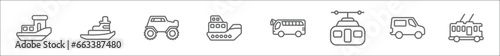 outline set of transportation line icons. linear vector icons such as houseboat, tugboat, all terrain, ferry boat, modern bus, chairlift, minivan, trolleybus