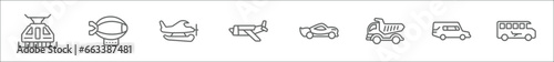 outline set of transportation line icons. linear vector icons such as funicular railway, dirigible, hydroplane, airplane of paper sheet, sport car, haul, hearse, airport shuttle