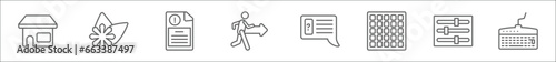 outline set of ultimate glyphicons line icons. linear vector icons such as groceries shop, flower with leaves, exclamation file, man walking to right, question message, square grid, tings bars,