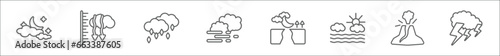 outline set of weather line icons. linear vector icons such as cloudy night, atmospheric pressure, ice pellets, mist, moonrise, calm, eruption, bolt