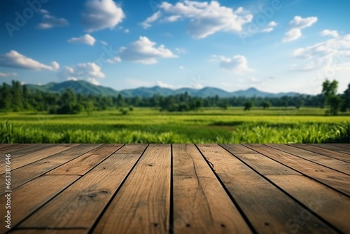 Scenic wooden floor bordering lush rice fields and an open sky