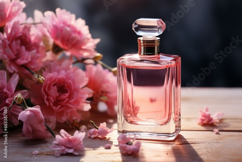 Scent of roses Pink perfume bottle surrounded by lovely pink blooms