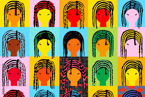 Box braids quirky doodle pattern, wallpaper, background, cartoon, vector, whimsical Illustration