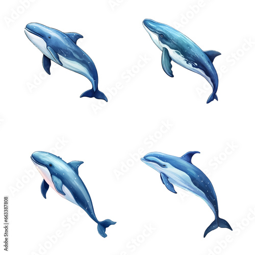 set of happy cute whale watercolor illustrations for printing on baby clothes, pattern, sticker, postcards, print, fabric, and books