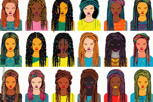 Box braids quirky doodle pattern, wallpaper, background, cartoon, vector, whimsical Illustration