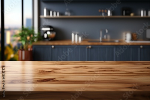 Seamless wooden table in a modern kitchen room with soft focus
