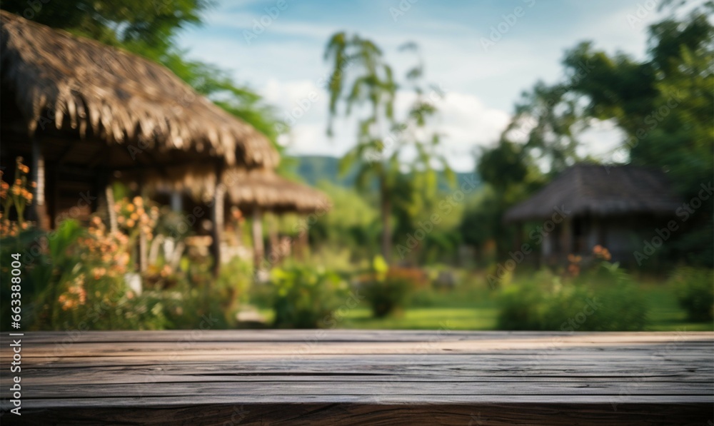 Secluded hideaway Empty wooden table in a garden with a small house softly blurred in the backdrop