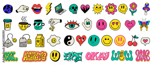 Hand Drawn Cool Emoticon Characters. Cute Groovy Smile Patches. Pop Art Elements.