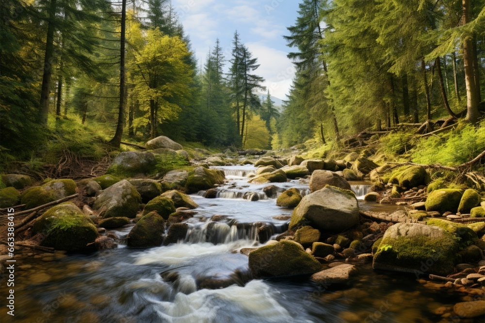 Serene forest oasis Autumn stream, pine trees, and sunny nature Serene forest oasis Autumn stream, pine trees, and sunny nature