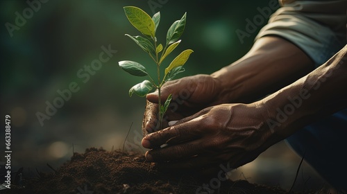 Man hand plant tree on fertile ground. concert nature