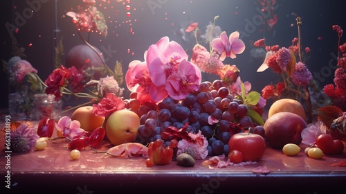  a bunch of fruit and flowers on a table with a dark background.  generative ai © Nadia