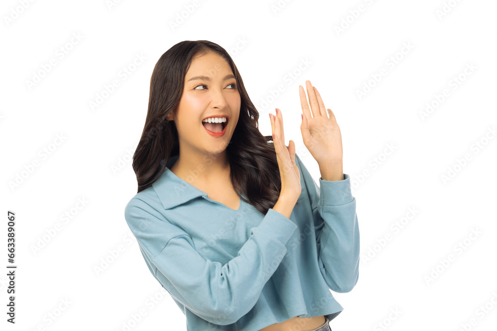Asian girl get surprised use hands for protect Look at copy space Surprised happy beautiful asian woman looking copy space in exciting use for your product, advertising. Isolated on white background Asian girl get surprised use hands for protect Look at copy space Surprised happy beautiful asian woman looking copy space in exciting use for your product, advertising. Isolated on white background
