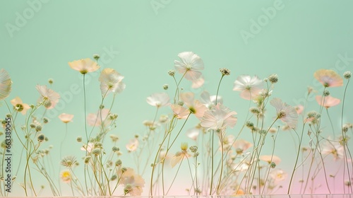  a bunch of flowers that are in the grass with a sky background.  generative ai