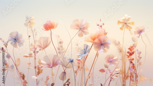 a bunch of flowers that are in the grass with a sky background. generative ai