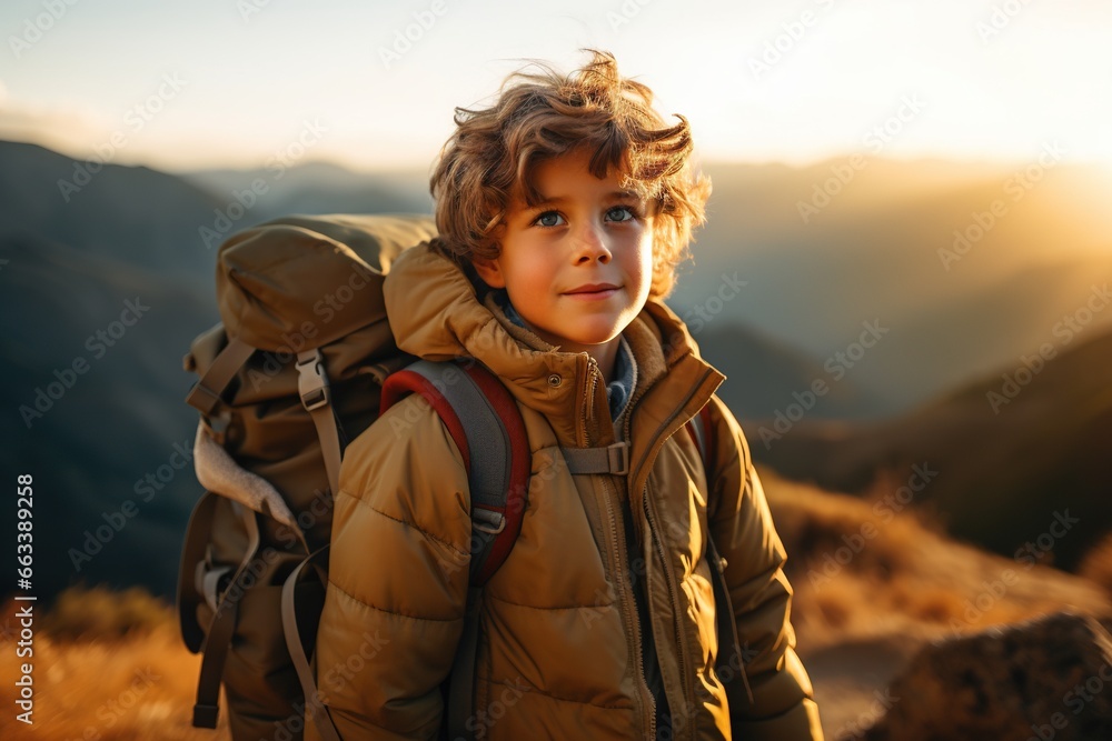 Adorable little boy with backpack hiking in mountains at sunset. Travel and active lifestyle concept