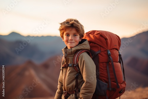 Adorable little boy with backpack hiking in mountains at sunset. Travel and active lifestyle concept