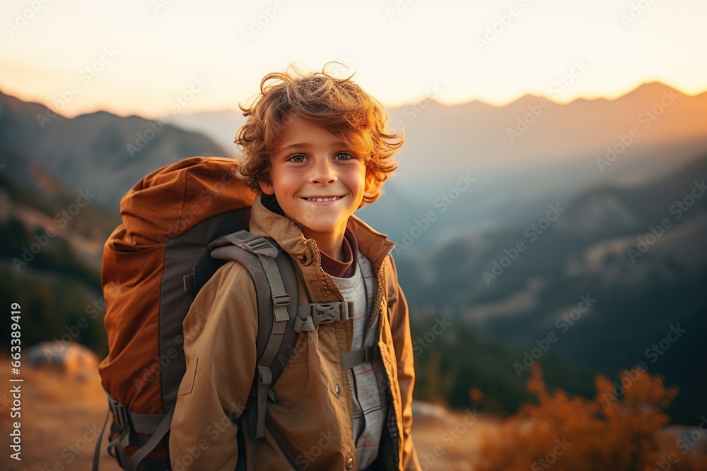Adorable little boy with backpack hiking in mountains at sunset. Travel and active lifestyle concept Adorable little boy with backpack hiking in mountains at sunset. Travel and active lifestyle concept