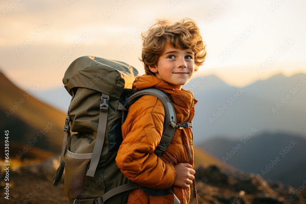 Adorable little boy with backpack hiking in mountains at sunset. Travel and active lifestyle concept Adorable little boy with backpack hiking in mountains at sunset. Travel and active lifestyle concept